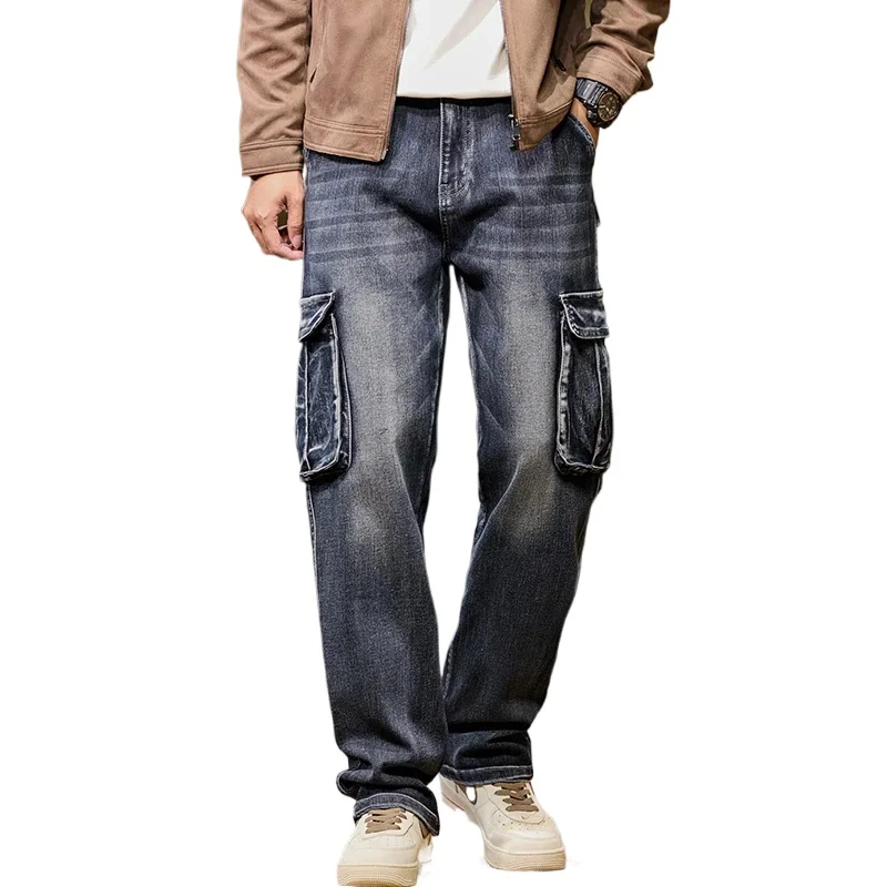 2025 Herren neue elastische amerikanische Retro-Multi-Pocket-Arbeiter für Denim-Herrenhosen, lockere, große, dreifarbige Hosen