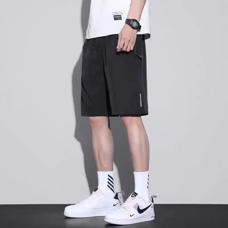 Men Ultra-thin Ice Silk Shorts Reflective Vertical Stripe Straight Knee-Length Comfortable Elastic Waist Quick Dry Sports Shorts