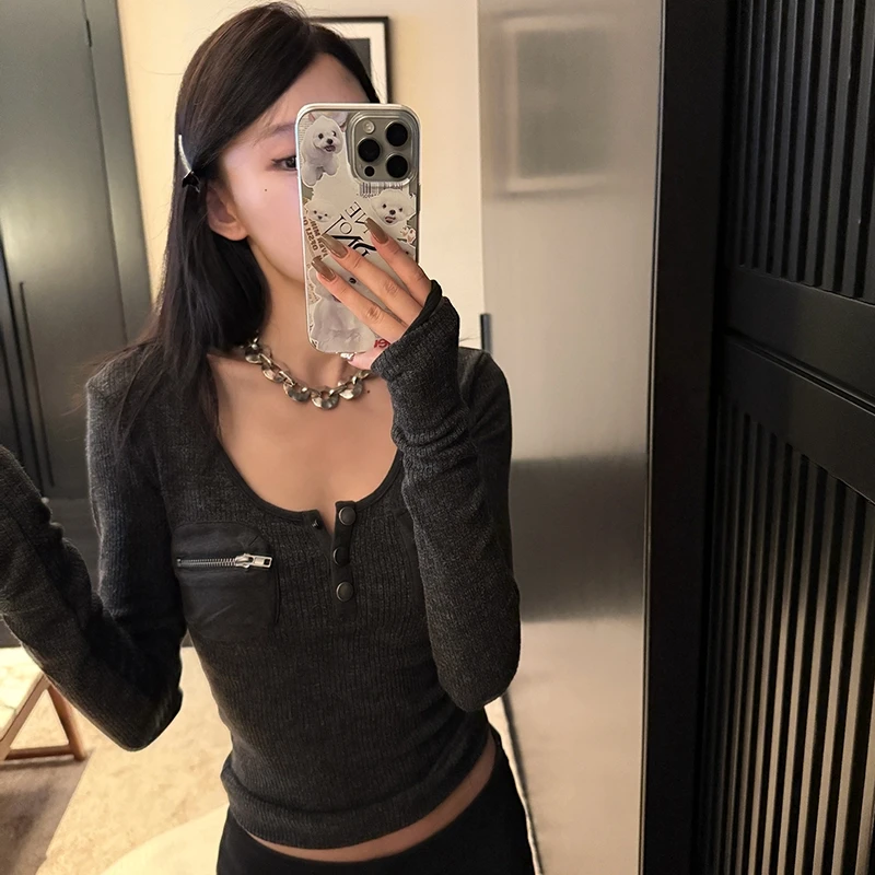 Tonngirls Harajuku Vintage T Shirt Frauen Langarm Dünne Y2k Amerikanischen Retro 90s Crop Tops Streetwear Basci T Tops herbst – Detail 12