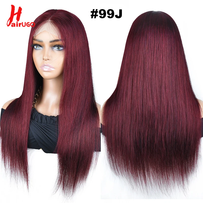 HairUGo 99J 13*4 Lace Front Human Hair Wigs Brazilian Remy Burgundy Straight Lace Front Wigs Transparent Lace
