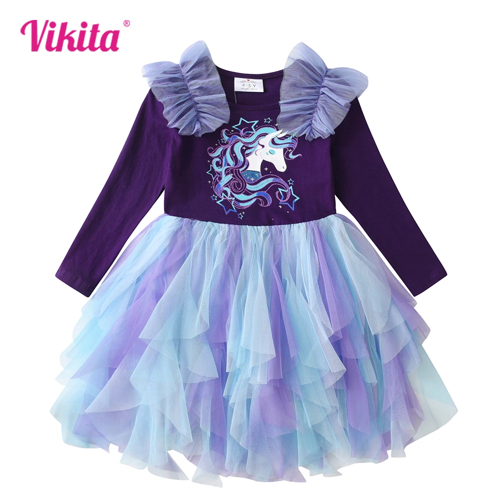 VIKITA Girls Irregular Dress Kids Unicorn Cartoon Dress with Flare Sleeve Children Party Layered Cake Princess Elegant Dresses