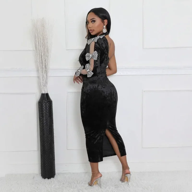 KEXU Sexy One Shoulder Velvet Maxi Dress Women Evening Night Club Party Halter Long Sleeve Bow Tie Prom Elegant Long Dresses