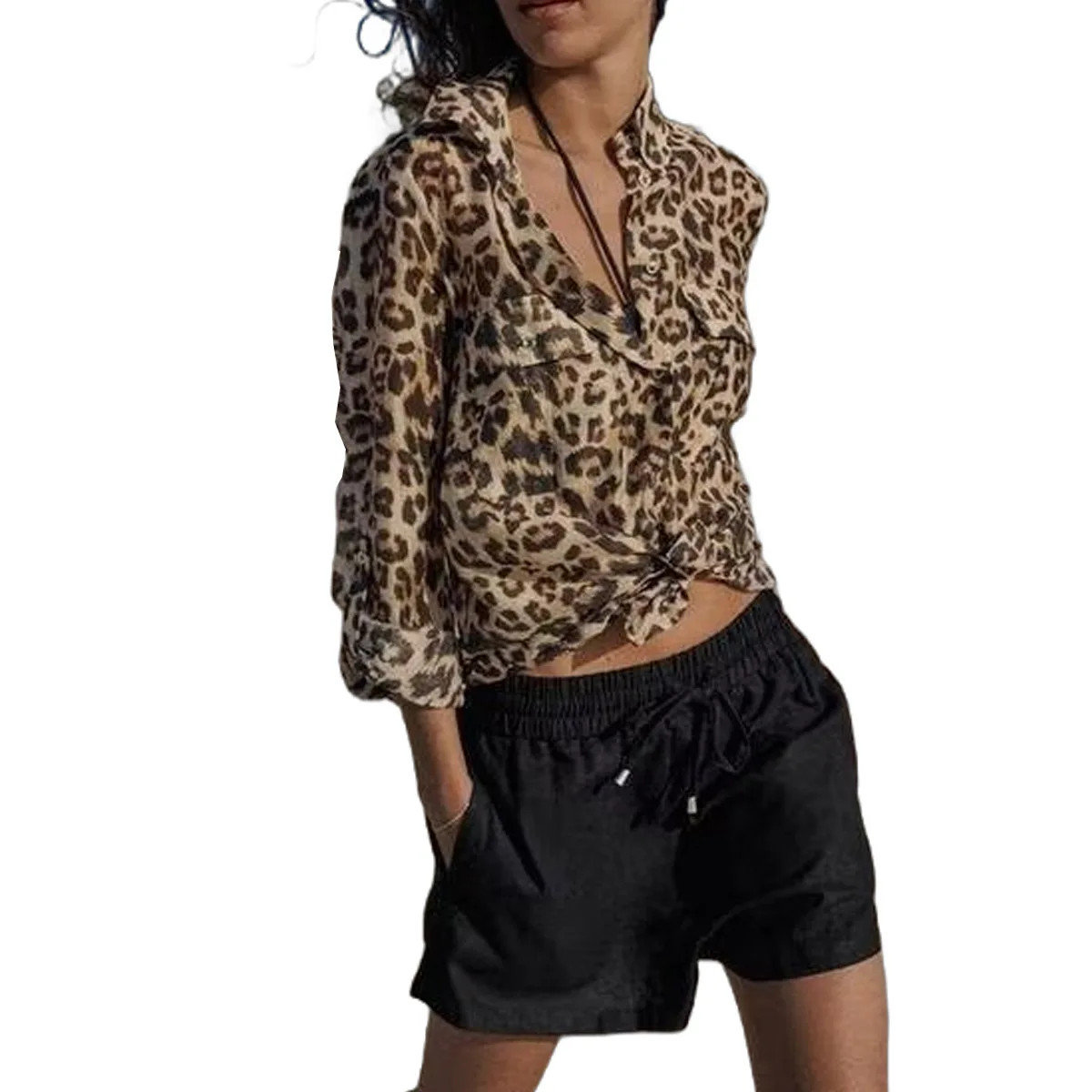 Leopard print shirt with pocket decoration for fashionable temperament single-breasted top new