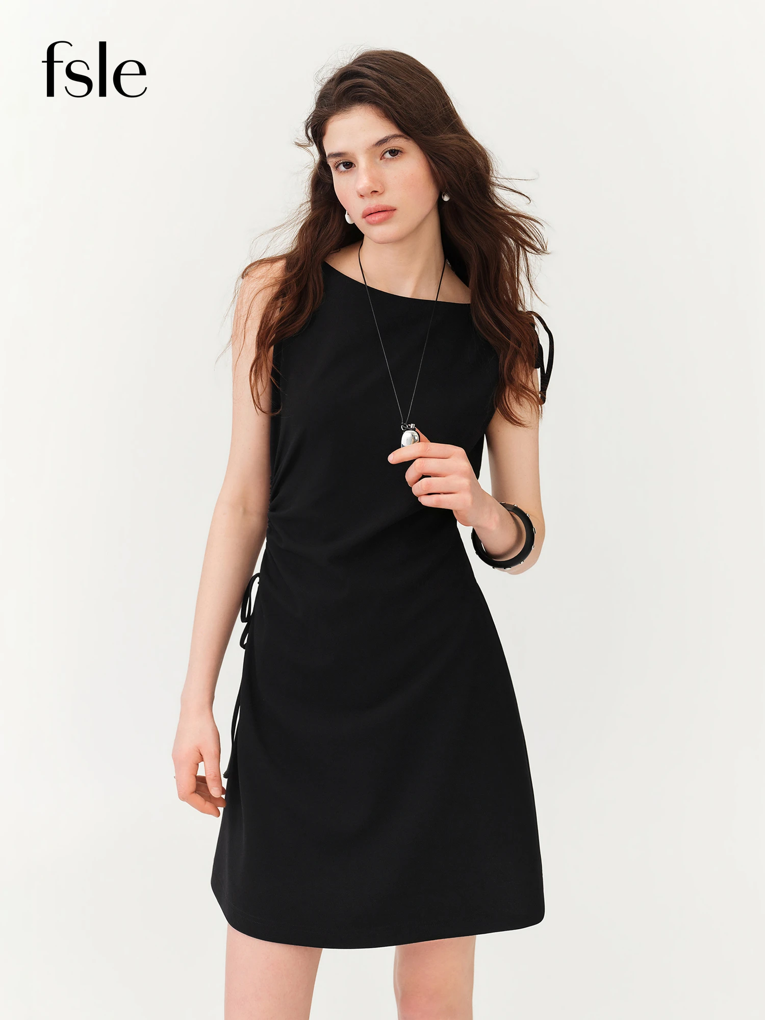 FSLE Sweet Cool Style Drawstring Waist Sleeveless Slimming A-line O-neck Black Mini Dress 2026 Summer New Korean Style Women