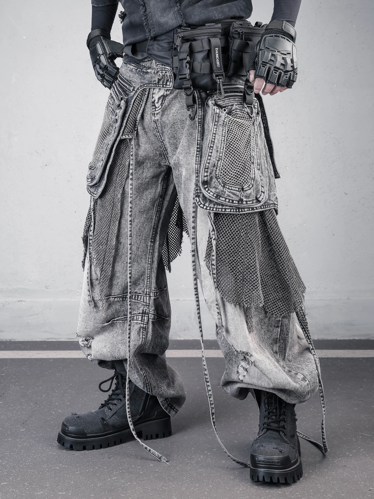 Heavy Duty Industrial Waste Landscapes Subculture Multi Layer Deconstructed Design Worn in Removable Waist Bag Workwear Jeans...