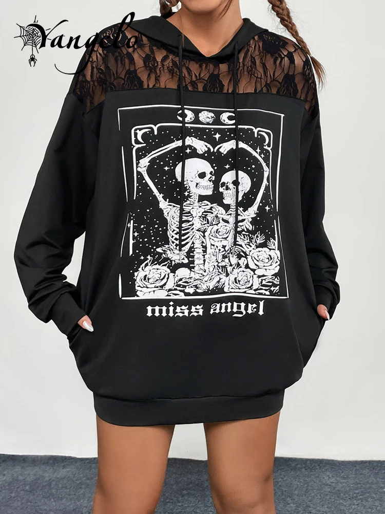 Yangelo Gothic Dark Sexy Lace Hoodie Women Y2K Patchwork Loose Skull Frame Printed Hoodie Punk Grunge Street Sweatshirt