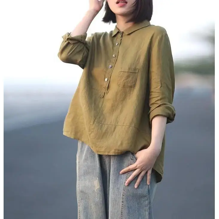 

Женская ранняя льняная ткань с воротником, длинная хлопковая судейка, повседневная ткань из полиэстера, девятирующаяся, обычная, тонкая