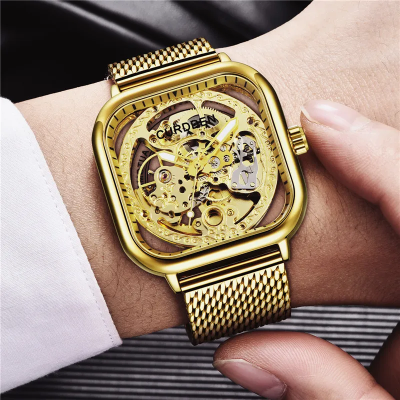 

Men Big Brand Watches Fashion Stainless Steel Band Skeleton Vintage Automatic Mechanical Watch Montre Homme Reloj Hombre Golden