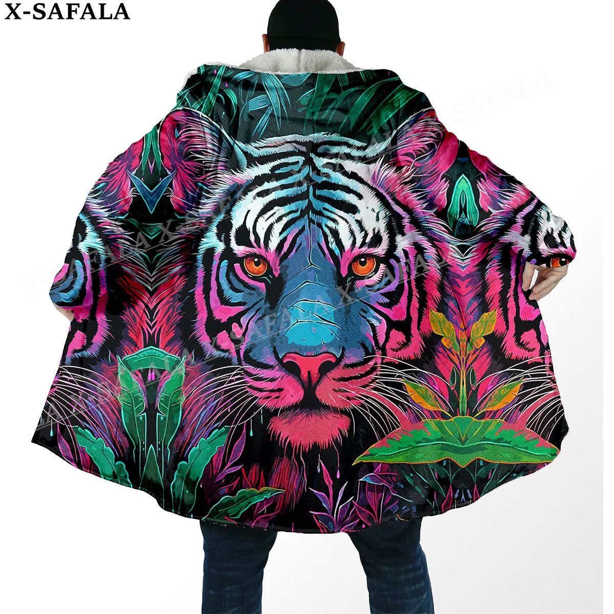 Mythology Tiger The King Spirit Thick Warm Hooded Cloak Men Overcoat Coat Windproof Fleece Cape Robe Hooded Blanket-34