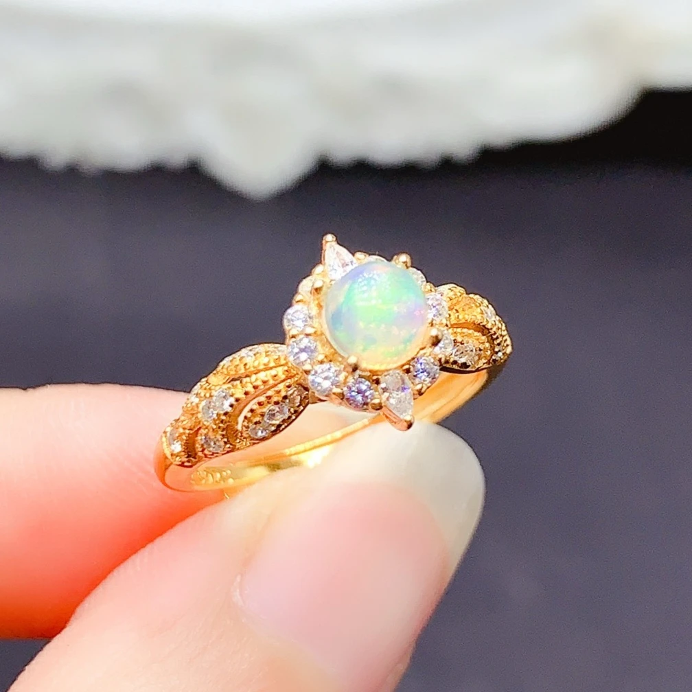 Genuine White Opal Ring for Women 5mm Natural Opal 925 Silver Ring with Certificate 18K Gold Plated 925 Silver Jewelry