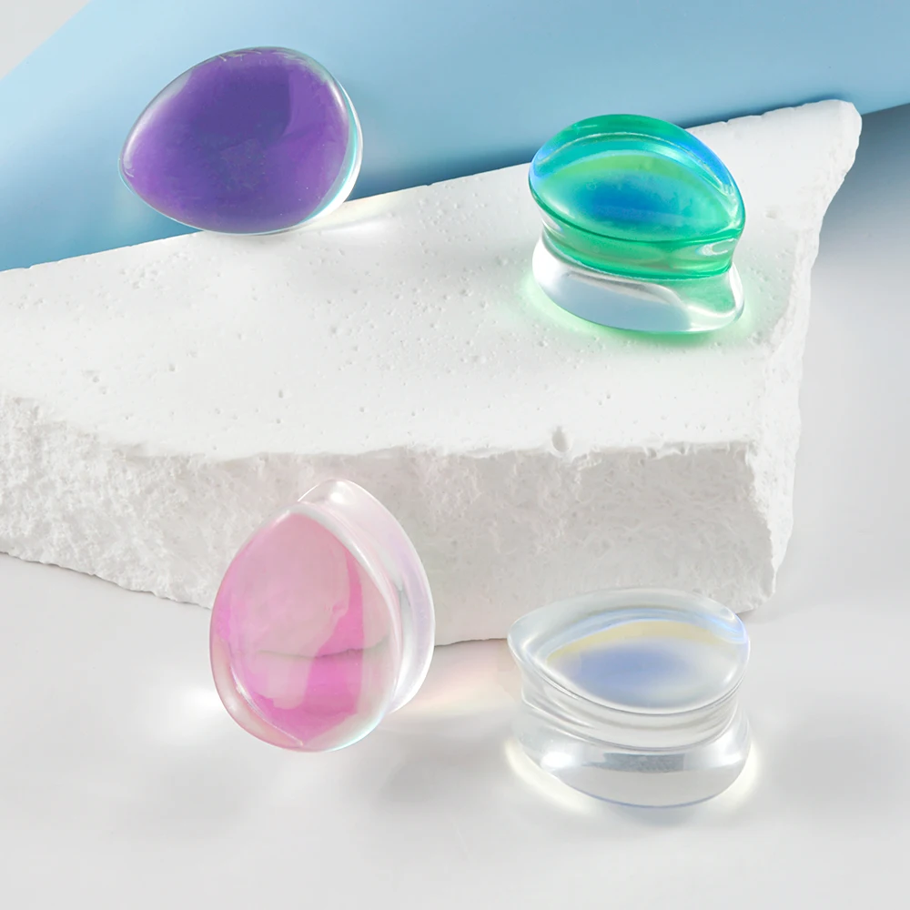 2Pcs AB Iridescent Teardrop Glass Double Flare Waterdrop Ear Plugs Tunnel Gauge Ear Stretching Expander 6-16mm