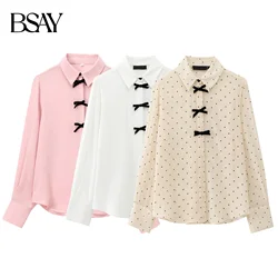 BSAY pink shirts Women Fashion Autumn New Velvet Bow Long Sleeve Single Breasted Lapel Blouse Sweet French Chic Ladies Top
