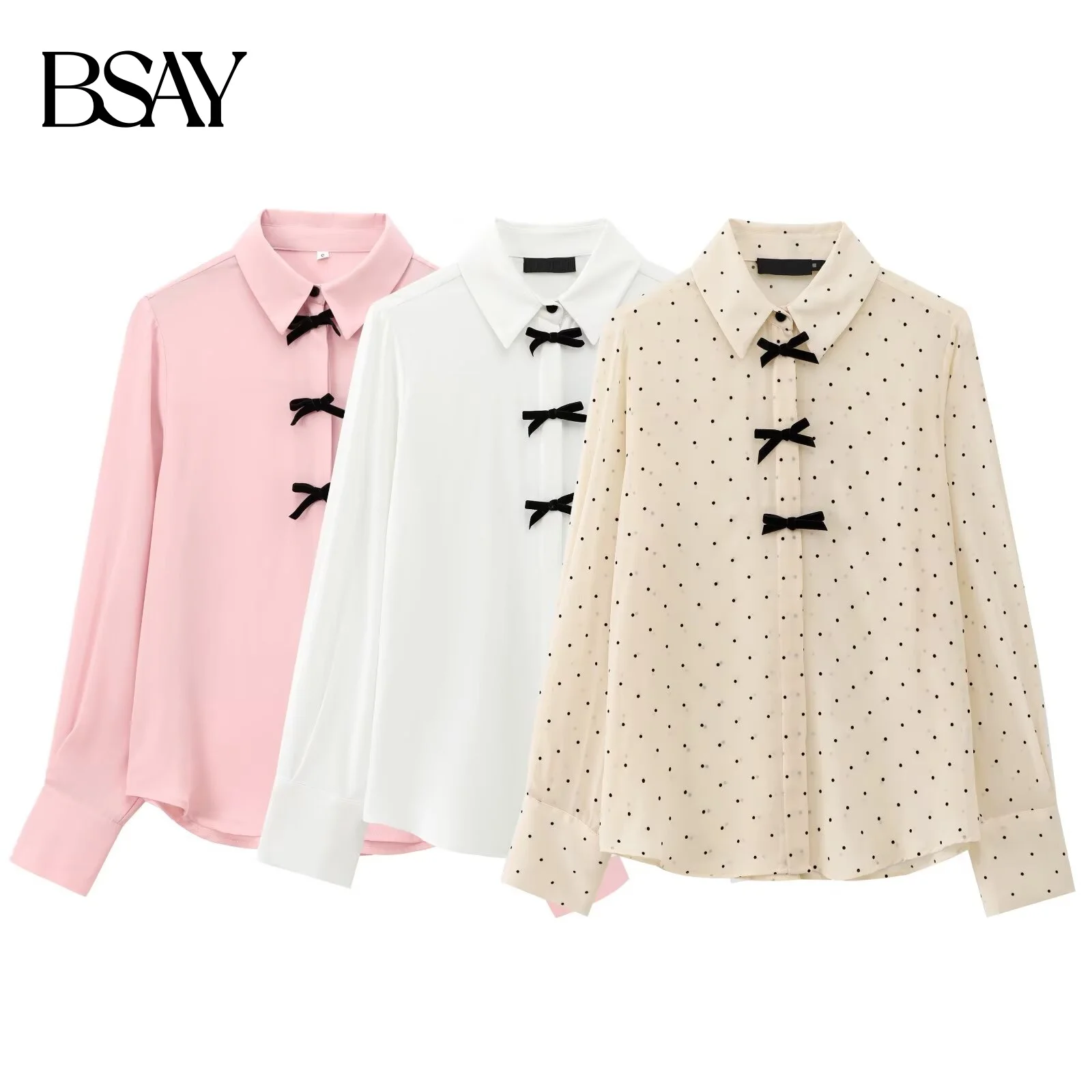 BSAY pink shirts Women Fashion Autumn New Velvet Bow Long Sleeve Single Breasted Lapel Blouse Sweet French Chic Ladies Top