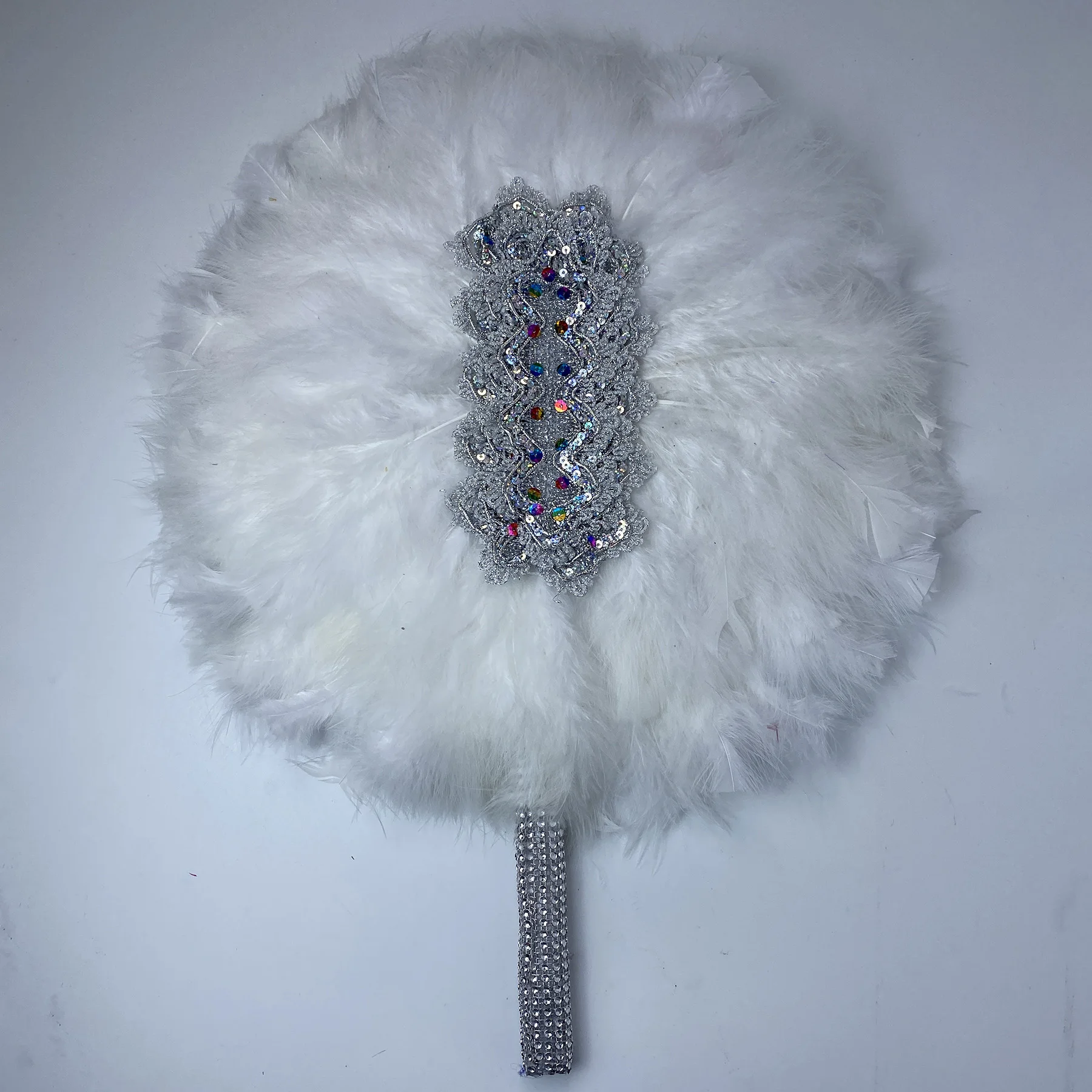 African Nigerian Bride White Fan, Handmade for Party and Wedding Decoration, Embroidery Lace Stones Handfan