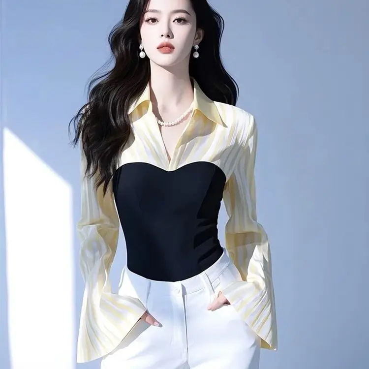 

Новая летняя винно-красная полосатая лоскутная рубашка женская красивая расклешенная рубашка с искусственными рукавами из двух частей женская блузка TT1053