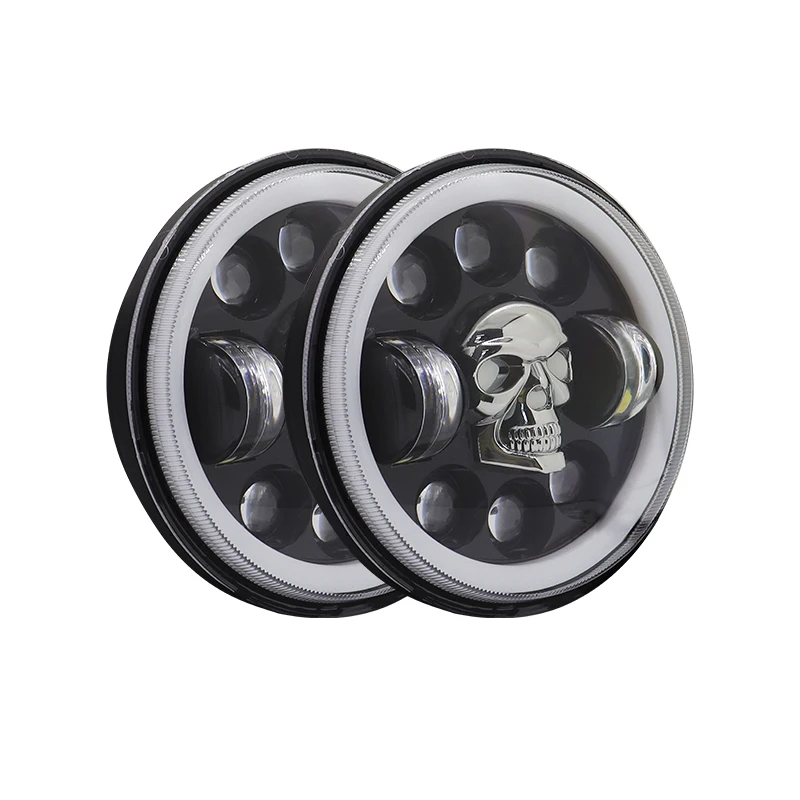 Car LED Black 5.7Inch Skull DRL Round Motorcycle Headlights 65W Turn Signal Angel Eyes Light For Harley Sportster 883 XL883 FXCW