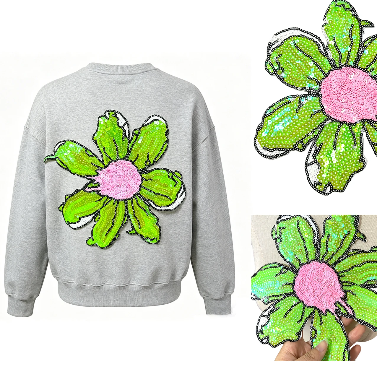 One Piece Fashion Green Large Flower Sequin Embroidery Patch, vielseitige Aufnäher zum Aufbügeln für DIY-Kleidung, Taschen, Dekoration