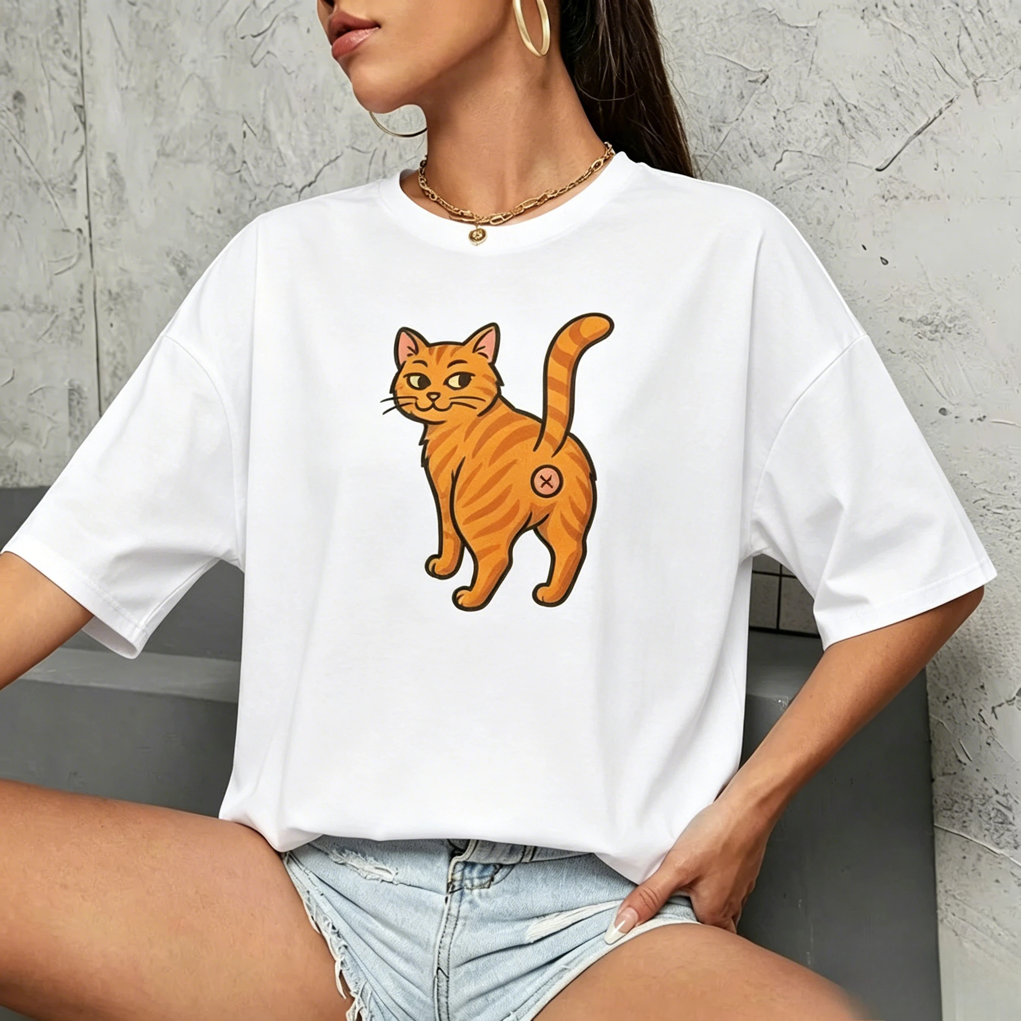 Funny Orange Cat Butt T-Shirt Quirky Cat Gift Daily Comfortable Home Clothes Her Gift Women Clothing Fashion Graphic T Shirts