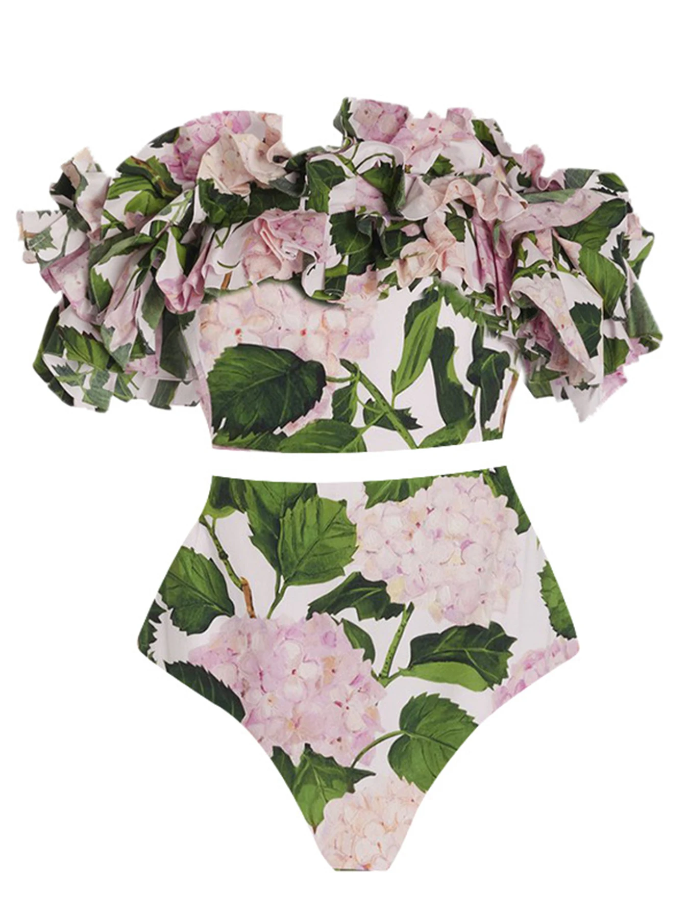 Imagem -05 - Conjunto de Biquíni Feminino Plissado de Cintura Alta Roupa de Banho Estampada com Flores Vestido de Praia Maiô Feminino Novo 2023