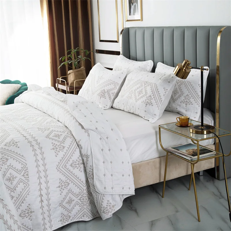 

Luxury Cotton Quilt Set 3-Piece King Queen Size, Reversible Embroidered Bedspread, Solid Color Bedding, All Season Comforter