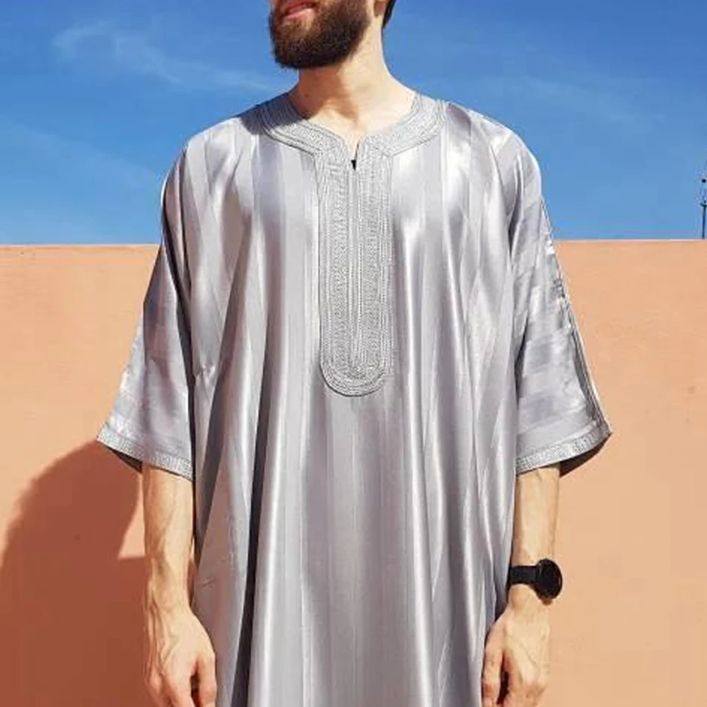 Muslim Men Robe Embroidered Loose Luxury Long Skirt Ramadan Prayer Kaftan Pakistan Attire Thobe Gentleman Traditional Dress