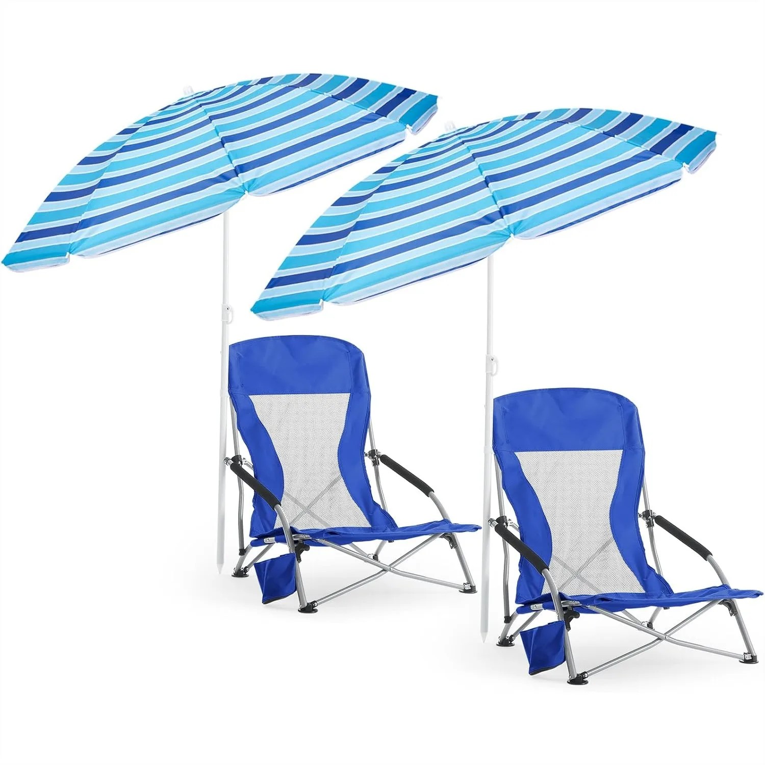 

2 Pack Beach Chairs with Umbrella for Adults, Low Folding Set, Adjustable Detachable Umbrella, Lightweight Portable with Cup