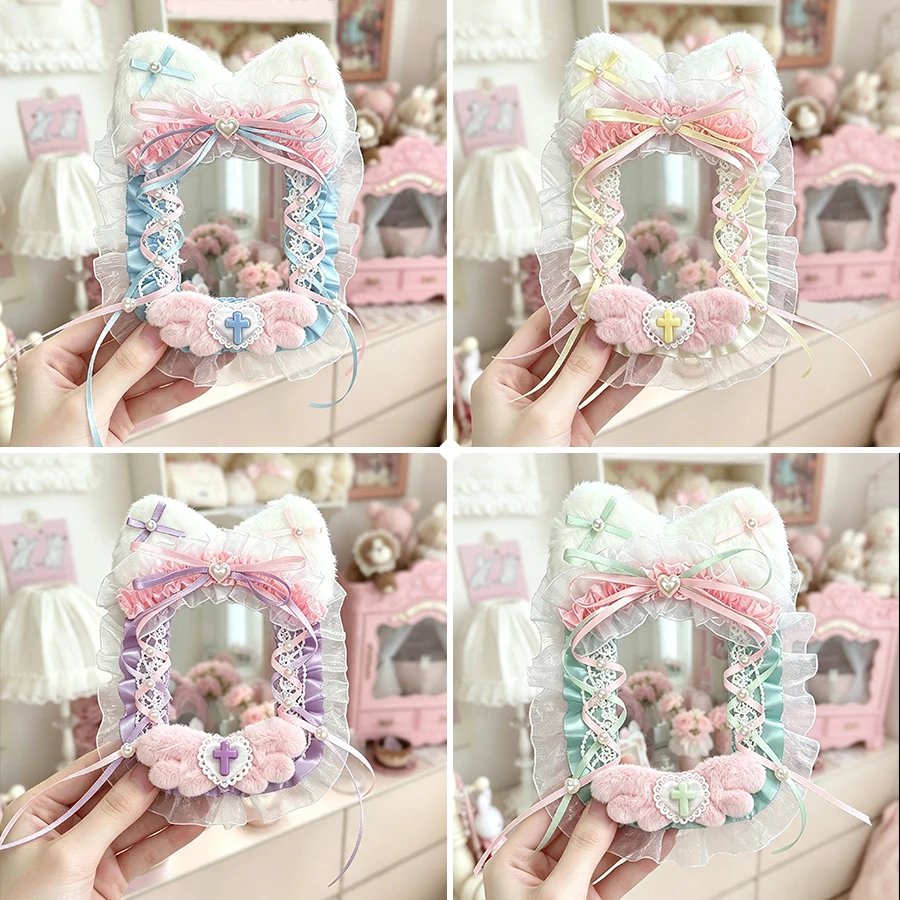 Handmade Square Lace Ruffled Photocard Holder Plush Cat Ear Satin Ribbon Bow Plush Angel Wing Heart Ornament Imitation Pearl 3 Inch Clear PVC Sleeve Idol Card Anime Card Photo Protective Display Case