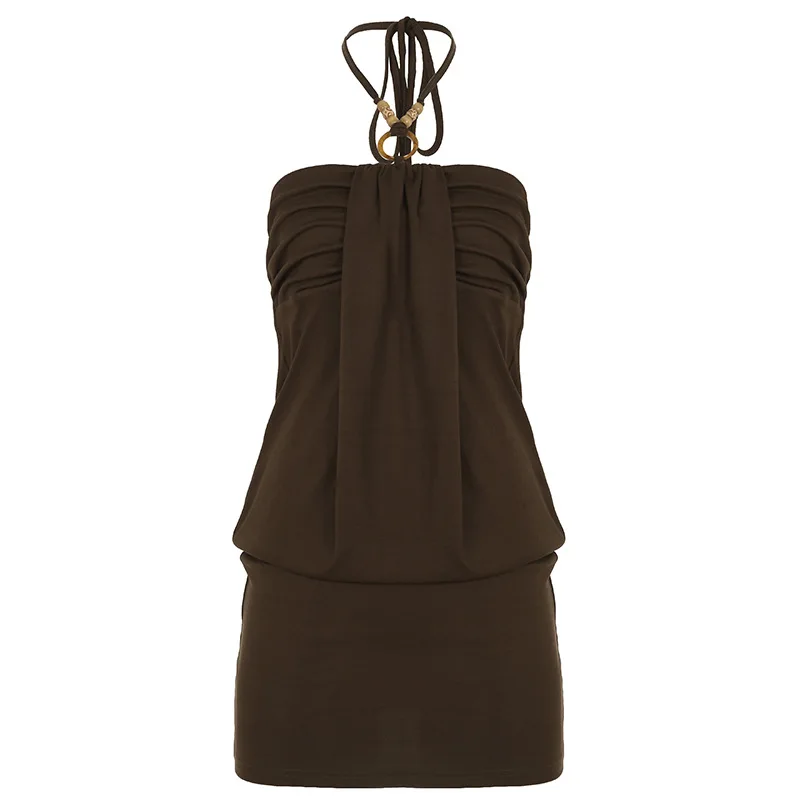 Estilo de férias pendurado pescoço plissado sem alças design cintura cinching emagrecimento sexy picante menina envoltório quadril vestido em camadas