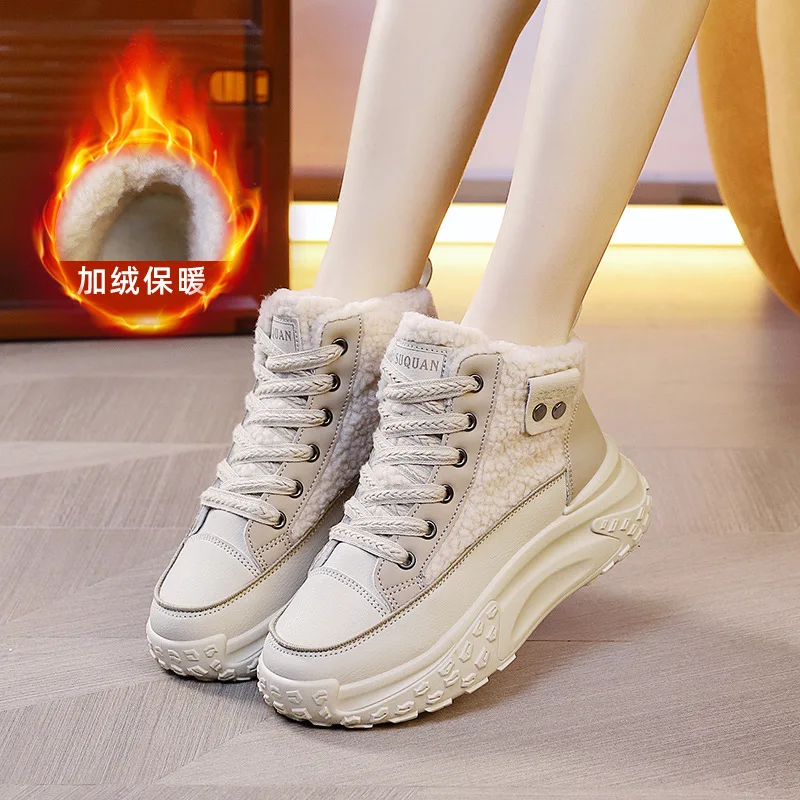 

2025 New Autumn and Winter Warm Cotton Shoes Women's High Top Plush Sneakers Thick Soled High Rise Women's Boots platform boots