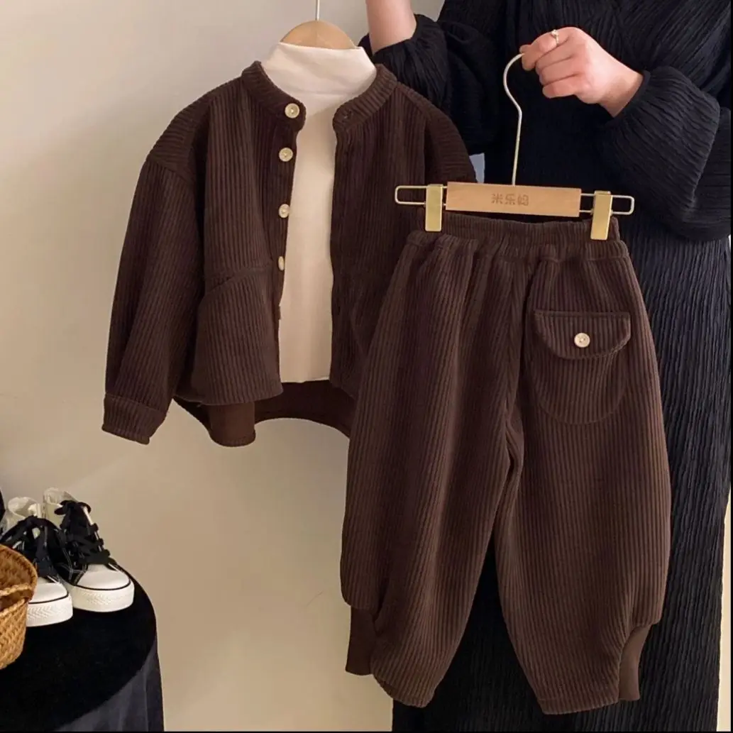 Boys Girls Korean Corduroy Stand Up Collar Single Breasted Top+ Pants Spring Autumn Set Children's Casual Two-piece Set Clothing
