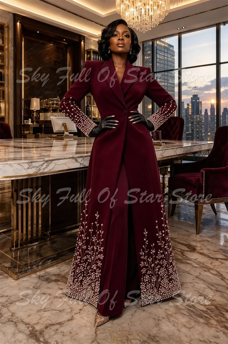 Women Suit Set 2 Pcs Pearl Rhinestone Embroidered Long Lapel Blazer+Wide Leg Pants Custom Formal Evening Wedding Party Lady Coat