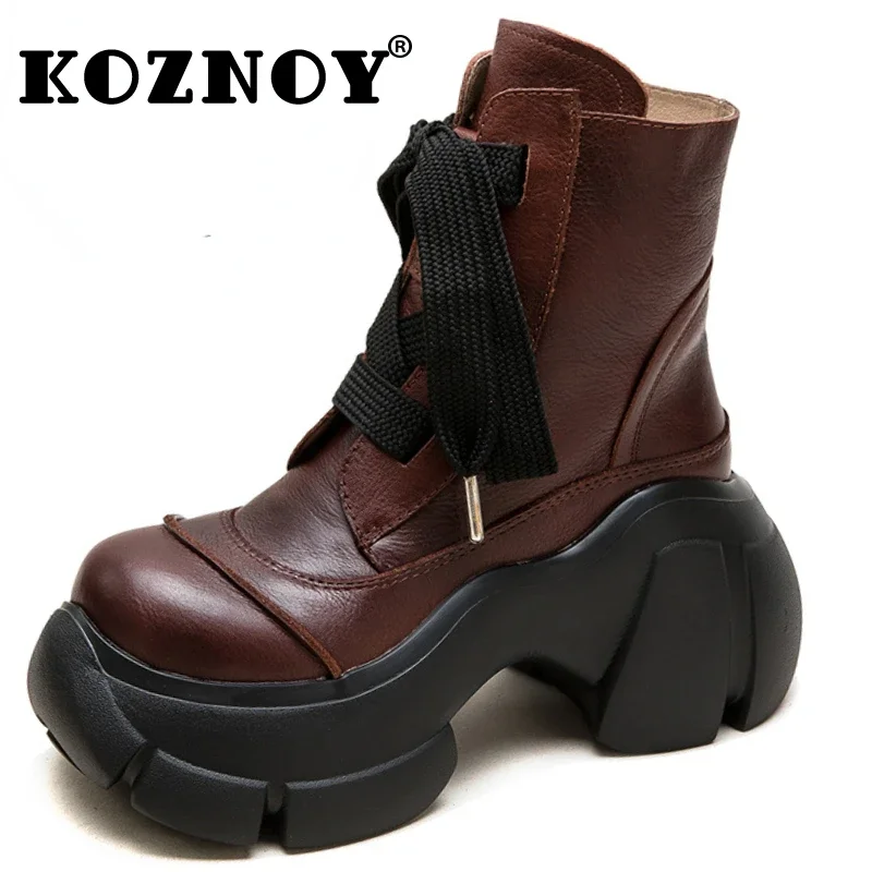 

Koznoy 7cm Genuine Leather Basic Ladies Women Winter Plush Boots ROME Platform Wedge Pumps Ankle Booties ZIP Spring Autumn Shoes