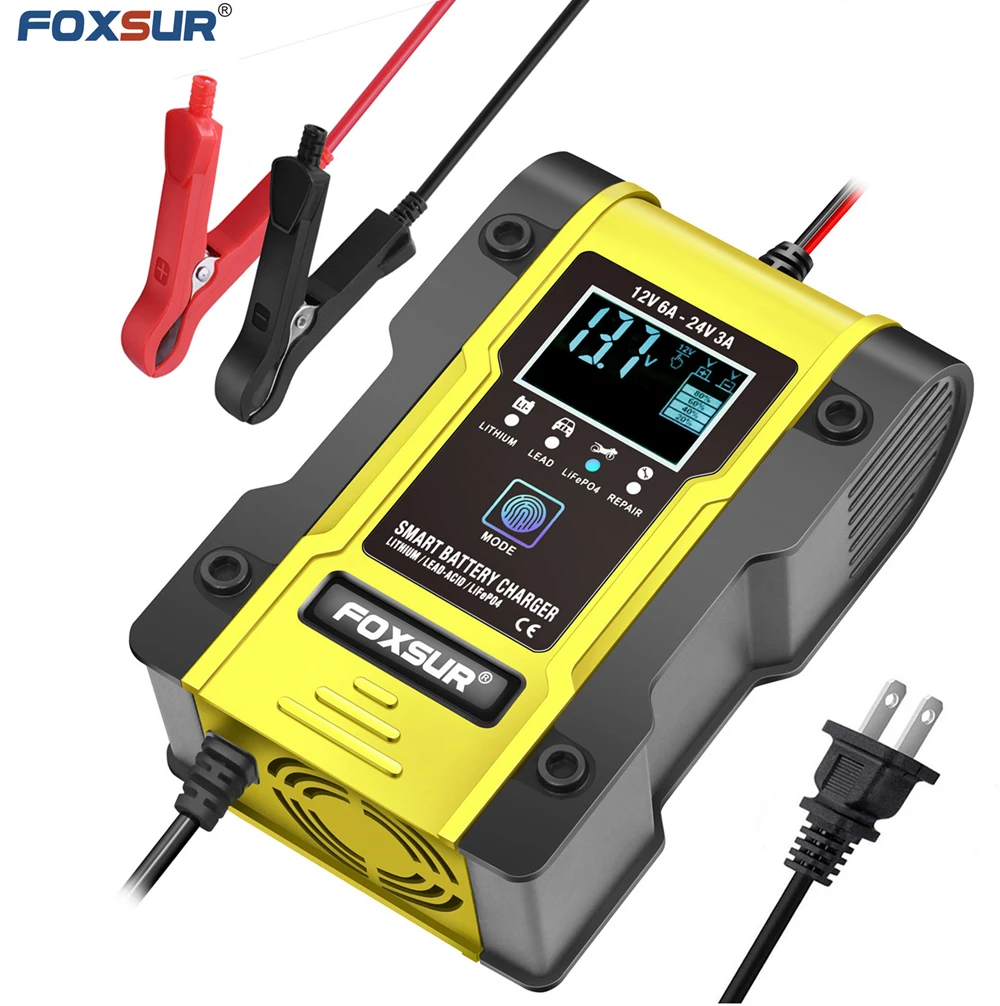 FOXSUR 12V 24V Car Battery Charger, 6A 12.6V Lithium Battery Charger & Maintainer, 7-Stage Car & Motorcycle Battery Charger