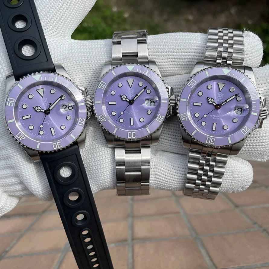 STEELDIVE Men Automatic Watch 41mm Mechanical Wristwatch Dive 300m Waterproof Luminous Sapphire NH35 Ceramic Bezel Purple Dial