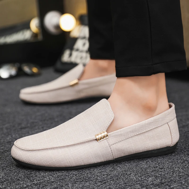Fashion Beige Casual Shoes For Men Flats Summer Breathable Comfortable Loafers Man Slip-on Shoes Lightweight Men's Driving Shoes