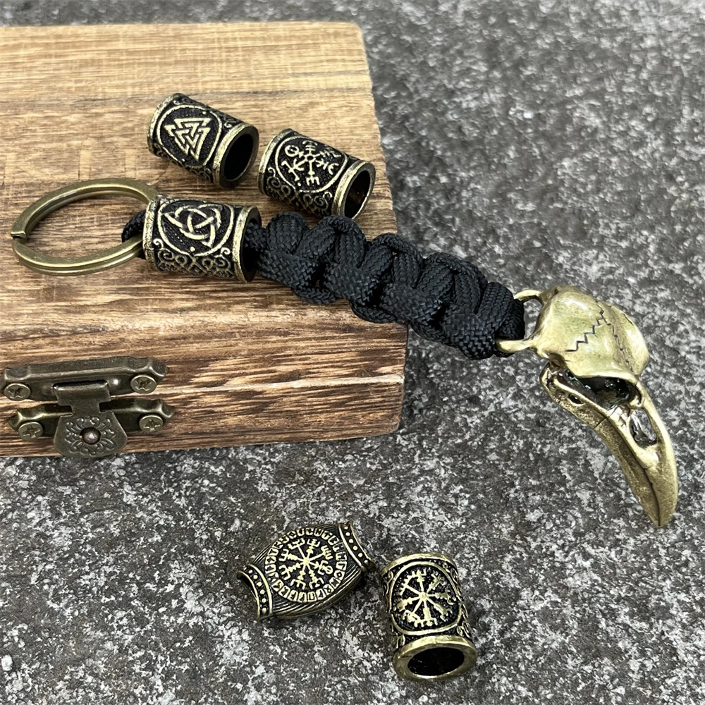 Nostalgia Norse Mythology Odin Raven Skull Keychain Crow Skeleton Survival Paracord Trinity Runes Beads DIY Gothic Keyring Gifts