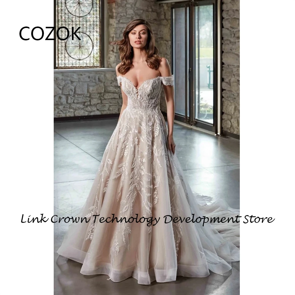 

COZOK Strapless Champagne Wedding Dresses with Sequined Lace 2024 Sweep Train A Line Off Shoulder Bridal Gowns New Vestidos De