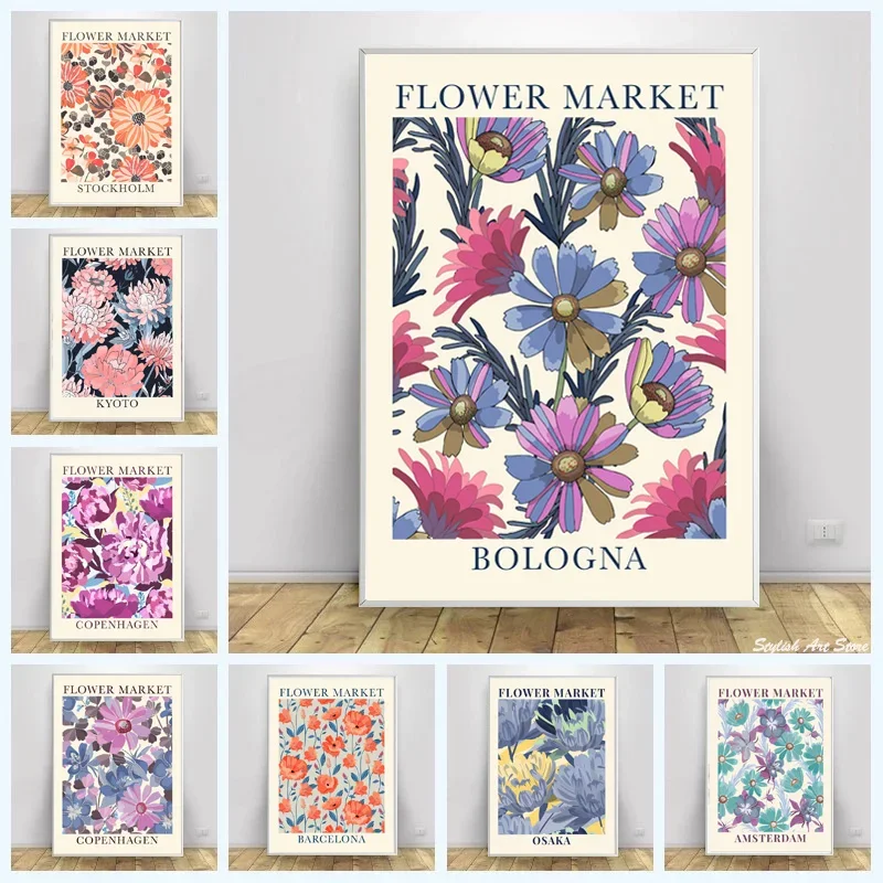 Nordic Abstract Flower Poster Market Kyoto Barcelona Copenhagen Wall Art Print Canvas Painting Pictures Living Room Hoom Decor