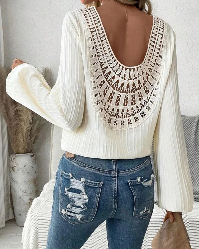 

Women's Casual Contrast Lace Long Sleeve Top Female Clothes New Spring Woman Round Neck Fashion Hollow-Out Loose Blouses