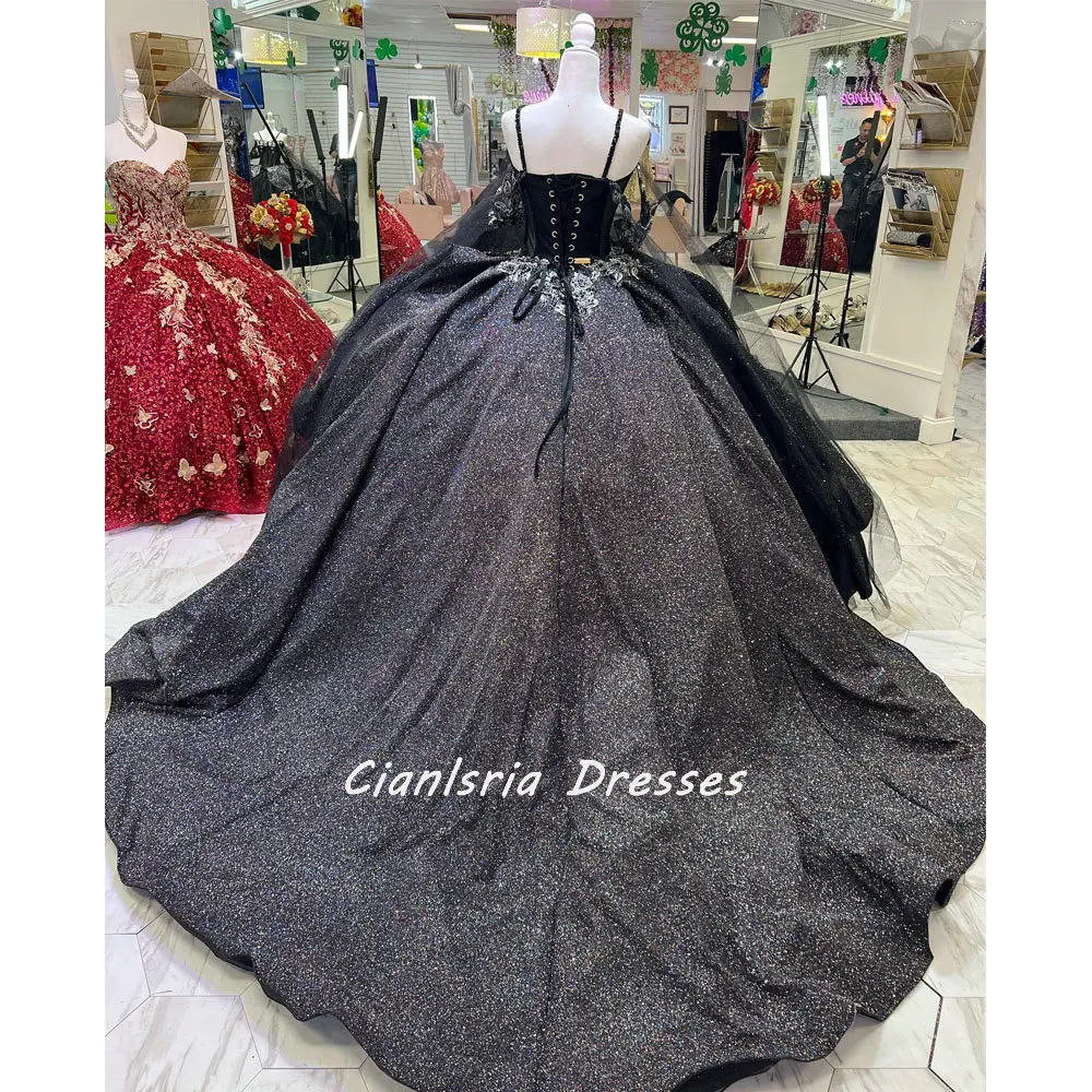 Black Illusion Ruffles Crystal Ball Gown Quinceanera Dresses Spaghetti Strap Beading Appliques Lace Corset Vestidos Para XV Años