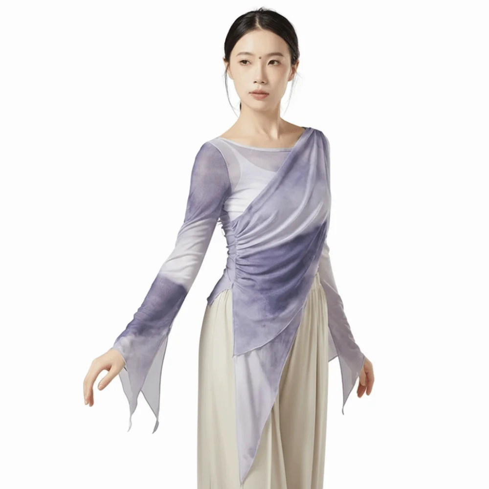

Long Slit Classical Dance Mesh Top Prints Flowy Design Saree Blouse Flared Sleeves Slim Fit Training Clothes Women Dance Wear