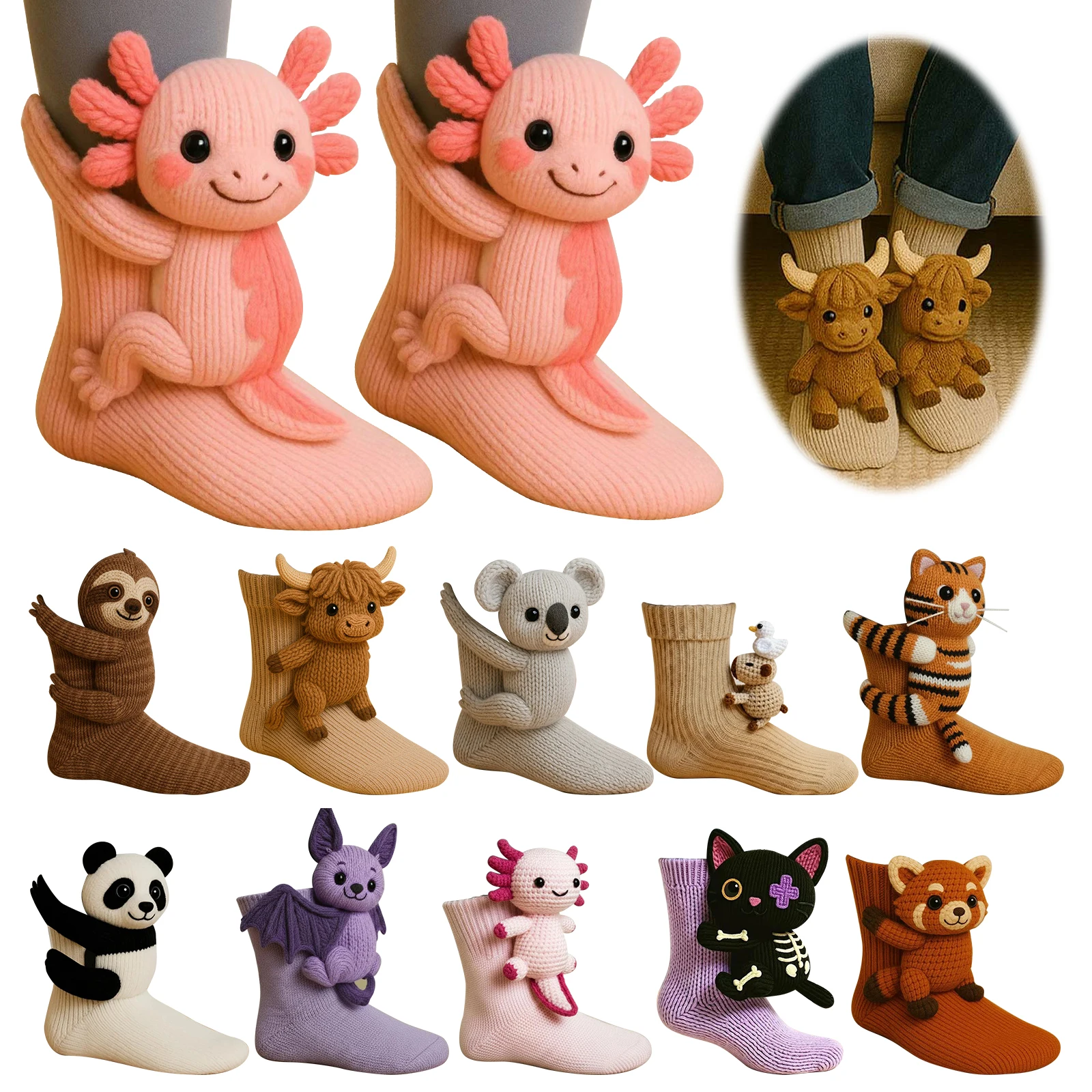 3D Knitted Animal Cute Socks Cozy Fuzzy Thick Warm Plush Kawaii Socks for Women Teens Kids Home Winter Holiday Christmas Gift