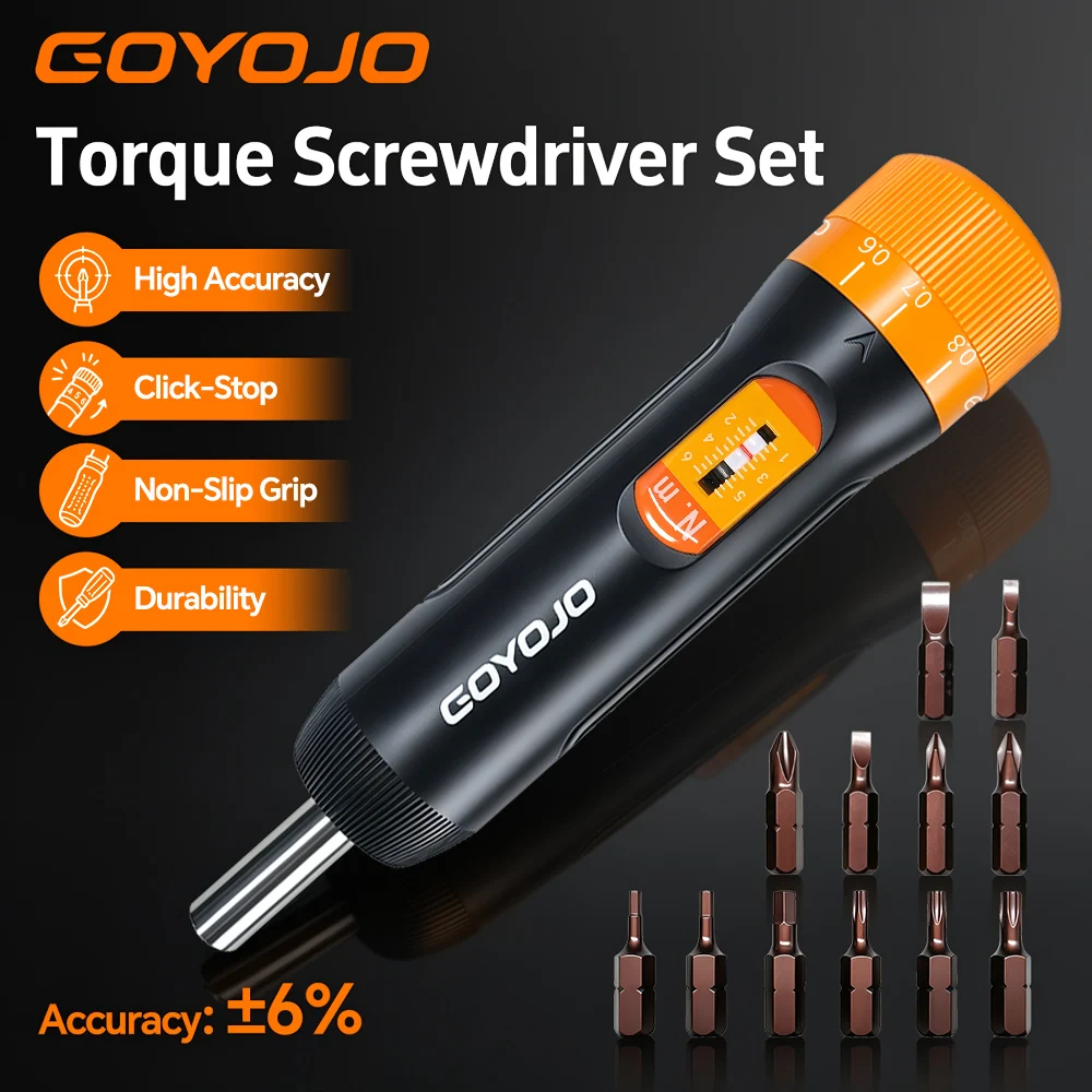 GOYOJO 10-70 In-lb Preset Torque Screwdriver with 12Bits,1/4” Drive Torque Wrench Screwdriver Set for Maintenance,Bike Repairing