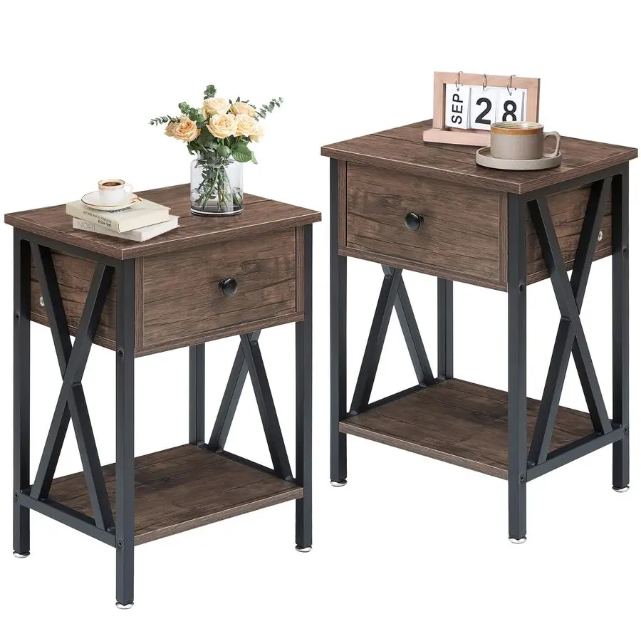 

Nightstands Set of 2, Modern Bedside End Tables, Night Stands with Drawer and Storage Shelf for Living Room Bedroom, Industrial
