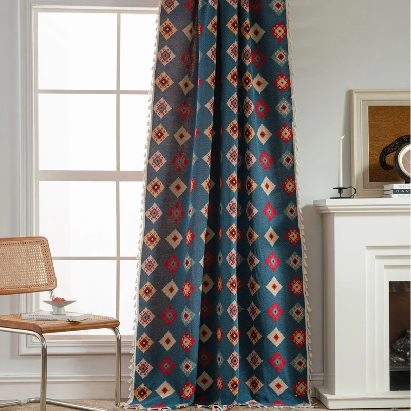 

Bohemian Style Curtains Blue Geometric Jacquard Fringe Valance Home Bedroom Living Room Balcony Decorative Curtains