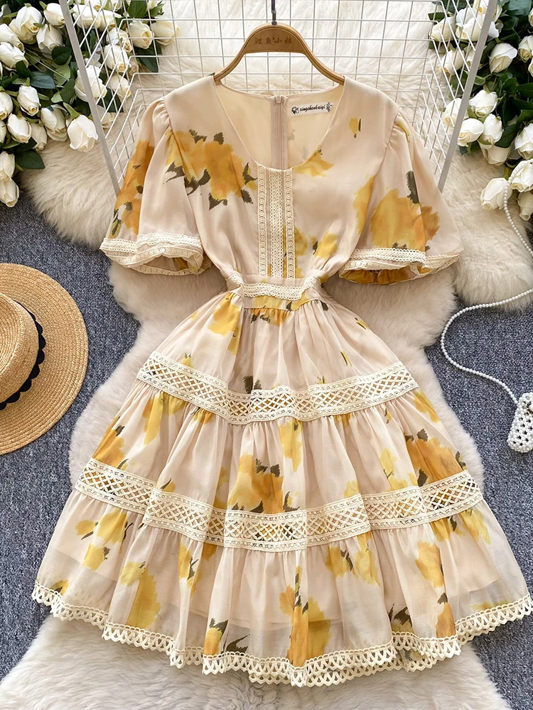 

French Printed Bubble Sleeve Mini Dress for Women's Summer Short Sleeved Mesh Hollow Elegant Short Dress S71
