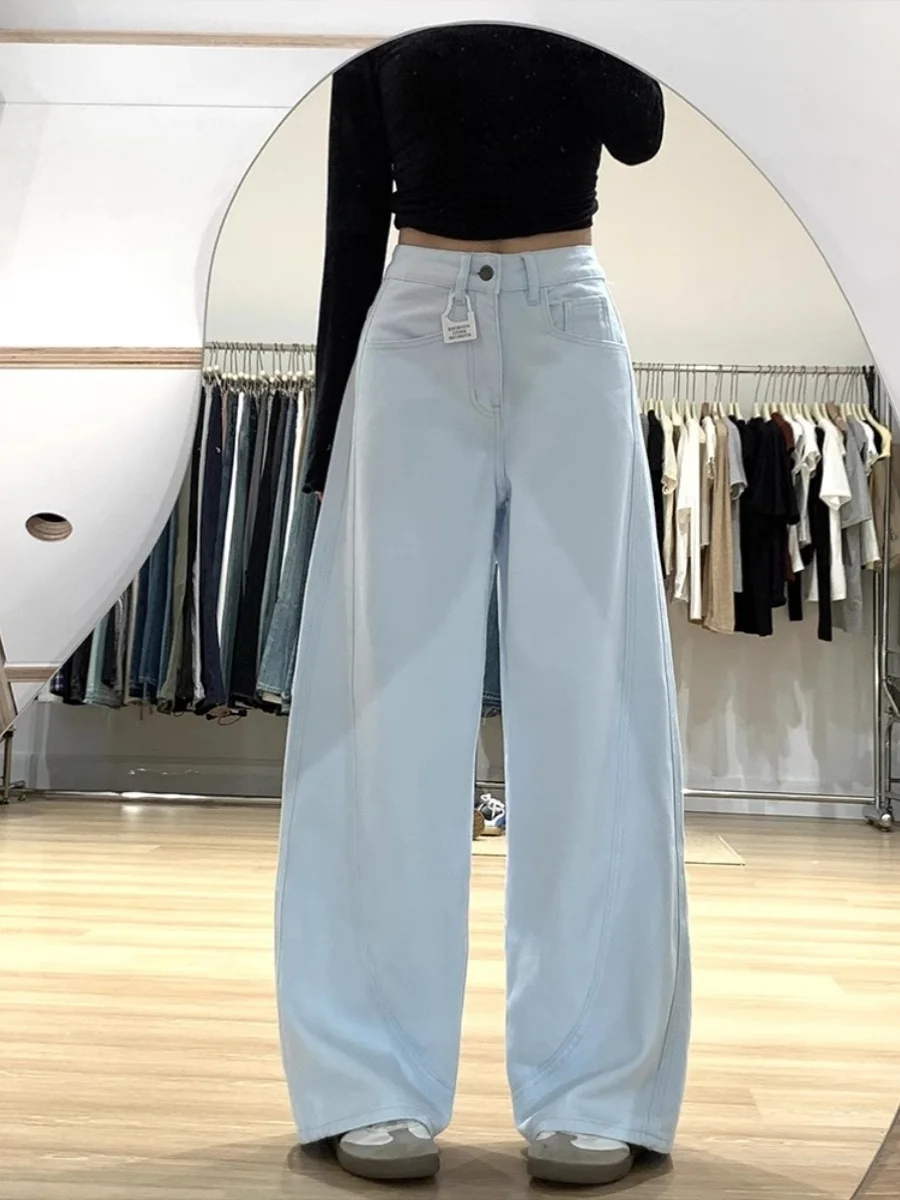 กางเกงยีนส์ทรงกระดิ่งเอวสูงหลวมๆ สีฟ้าอ่อน สำหรับผู้หญิง ทรงหลวมสบาย ขากระบอกใหญ่ ทรงตรง ยาว เหมาะสำหรับฤดูใบไม้ร่วง