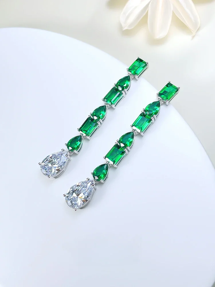 Fashion Retro Versatile Grandmother Green Water Drop 925 Sterling Silver Earrings Set with High Carbon Diamond Wedding Jewelry image 3
