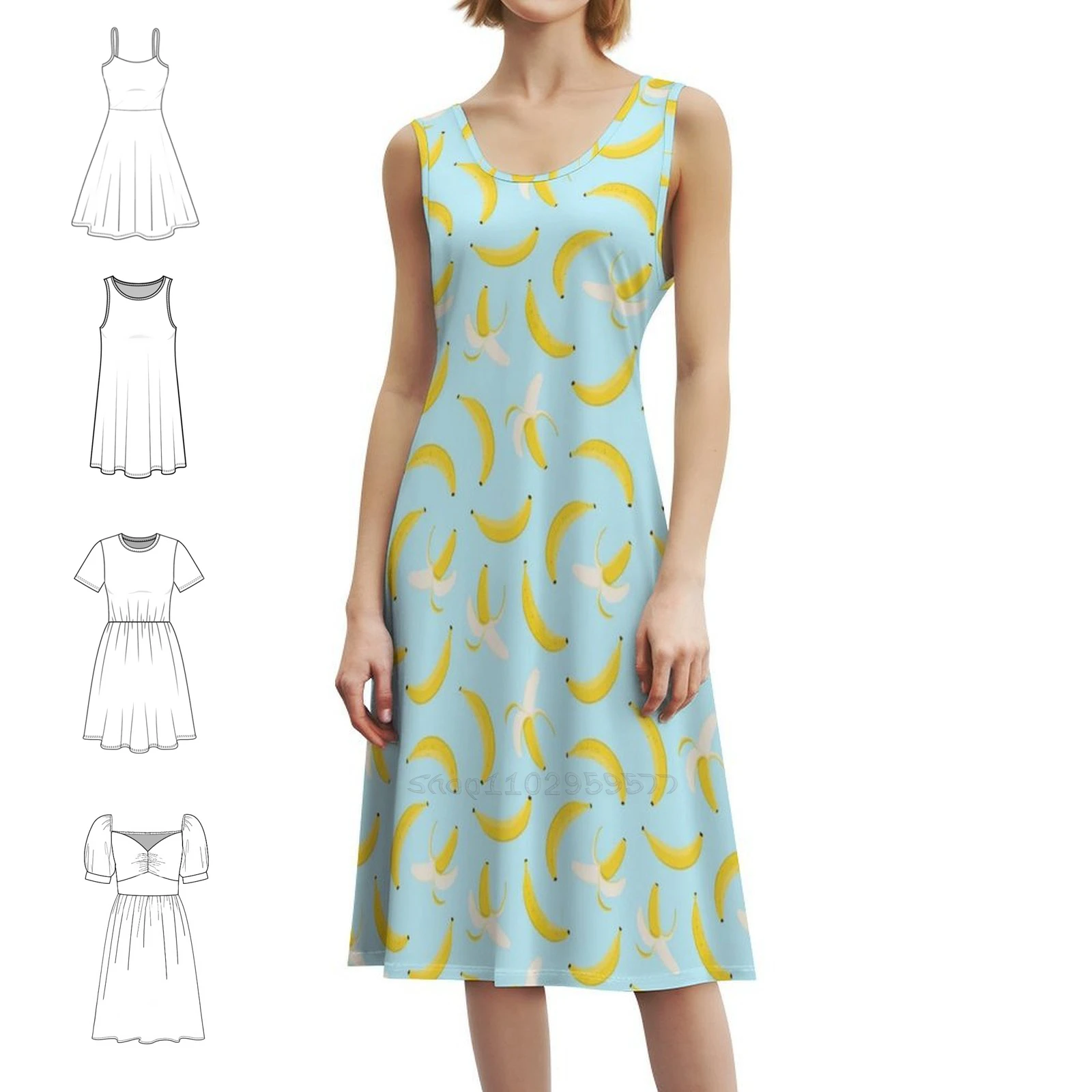 فستان بوهيمي عتيق من Going Banana بأكمام منتفخة أو بدون أكمام للنساء فستان الموز الأصفر الفاكهة الحلوة الموز سبليت
