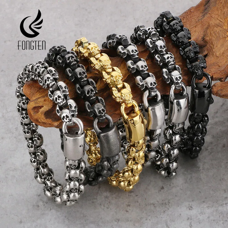 Fongten Gothic Skull Charm Bracelet For Men Punk Stainless Steel Skeleton Mens Wrist Band Charm Bangle Bracelets Jewelry Gifts